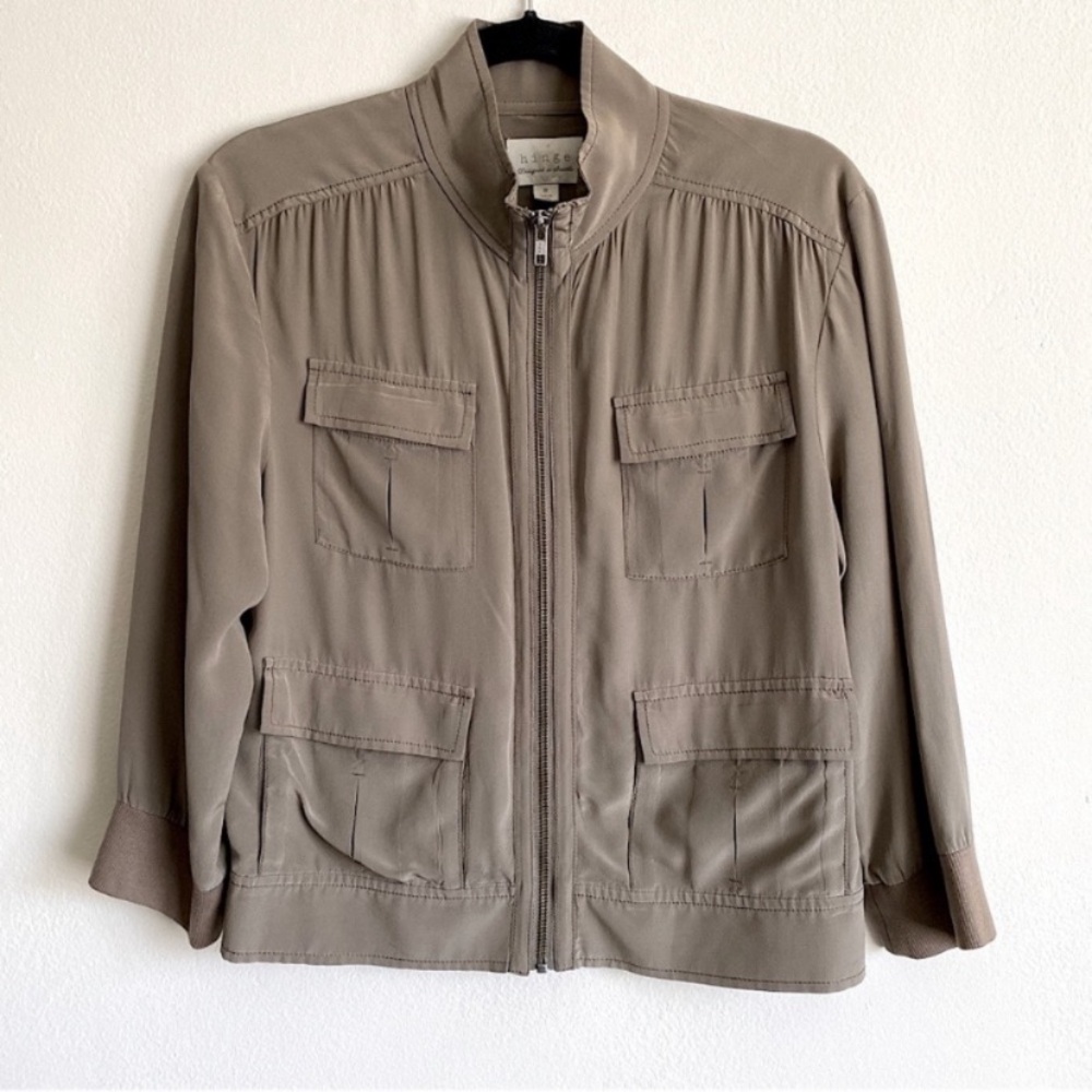 HINGE SILK CROPPED SAFARI CARGO JACKET ZIP UP Khaki Green M